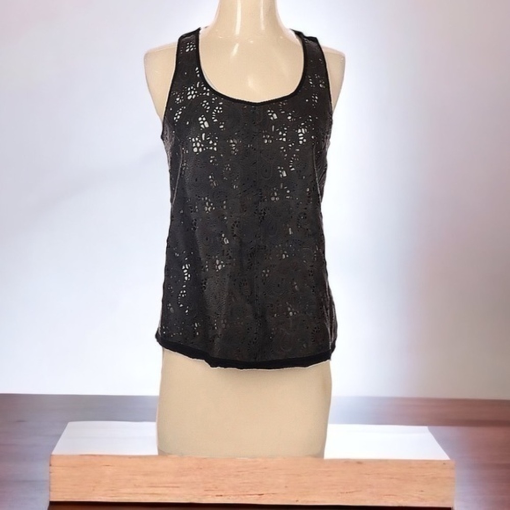 PJK 100% Leather Laser Cut Paisley lined black tank-top Runs Large  Size XS